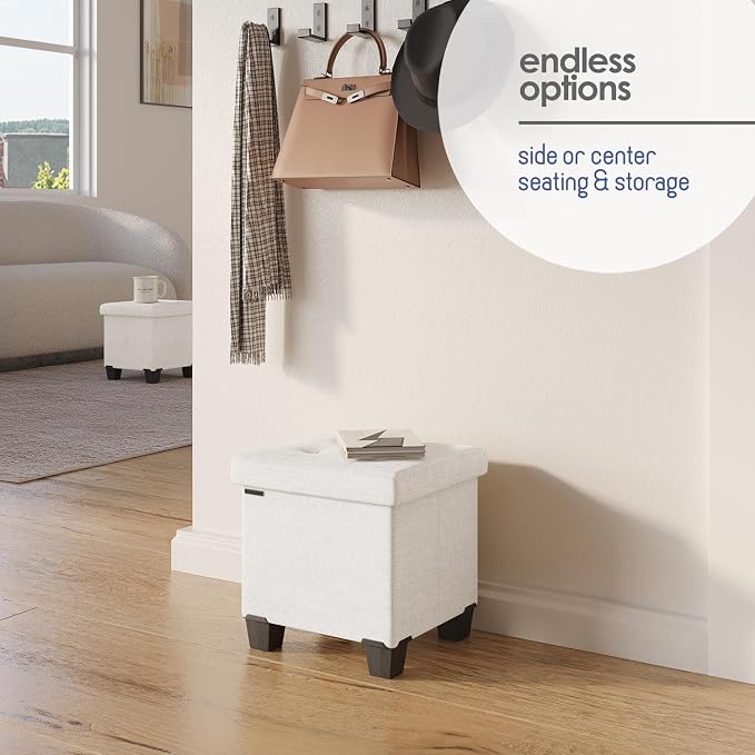 Storage Ottoman Cube with Small Bin, 15-in Square Ottoman with Storage for Living Room and Bedroom, Small Ottomans Foot Rest, Fabric Foot Stools Ottomans Max 330lbs, Cream