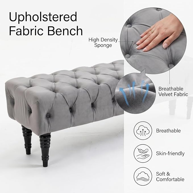 60" Accent Bench, Upholstered Tufted Ottoman Bench French Vintage Entryway Bench Corduroy Padded Benches for Entryway, Dining Room, Foyer, Living Room, Bedroom, Grey