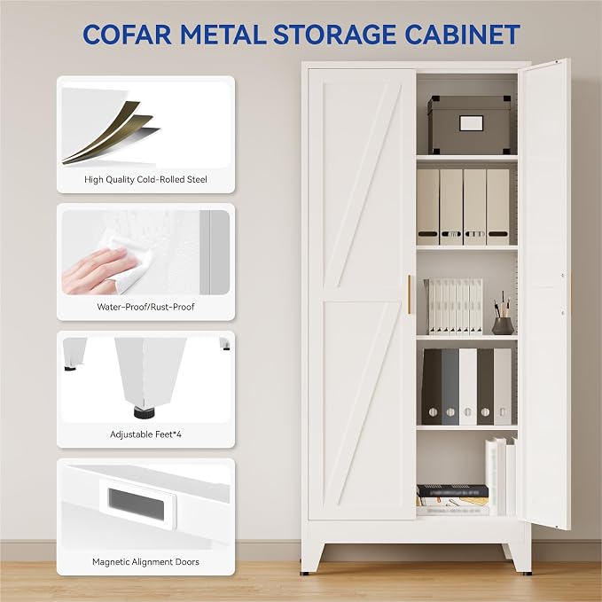 COFaR 71'' Tall Metal Storage Cabinet, Farmhouse Kitchen Pantry Cabinet with Doors and 4 Adjustable Shelves, White Metal Cabinets for Kitchen, Bathroom, Laundry, Garage, 5-Tier