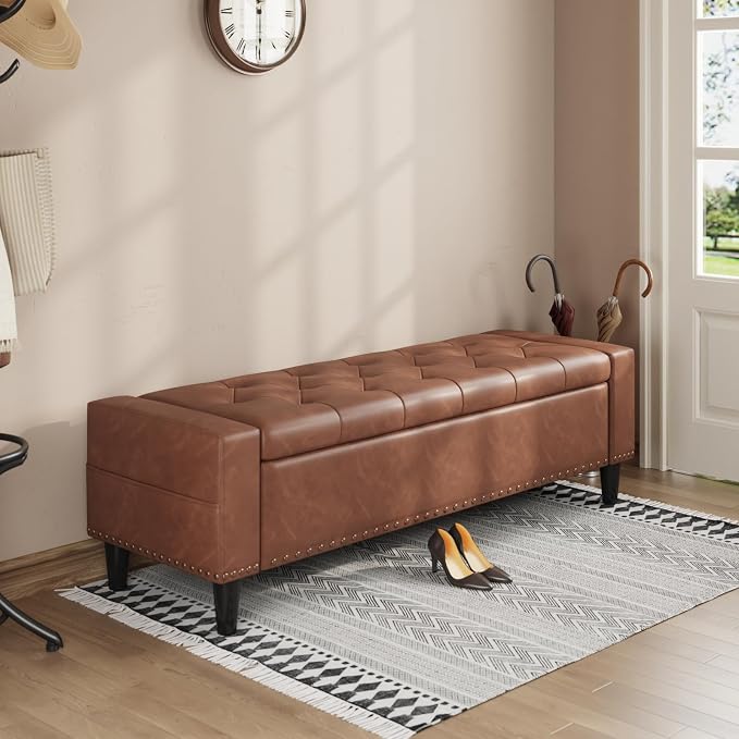 60" Storage Ottoman Bench, Faux Leather Upholstered Bed Bench with Tufted Buttons and Nailhead Trim, Large Ottoman with Storage for King Size End of Bed, Bedroom, Entryway, Hallway (brown)