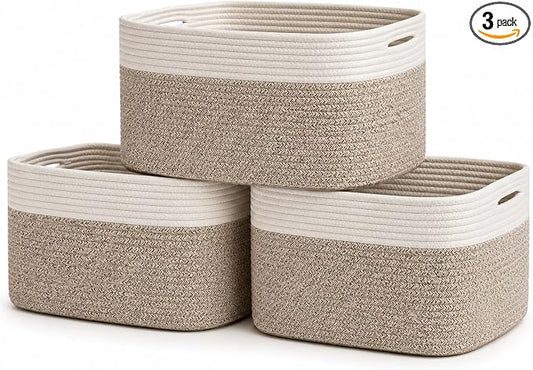 OrganiHaus Cotton Rope Baskets for Shelves, Set of 3, 15x9x10 | Handwoven; a toy bin and organizer for towels, books, or blankets; fits nursery, playroom, or bedroom decor