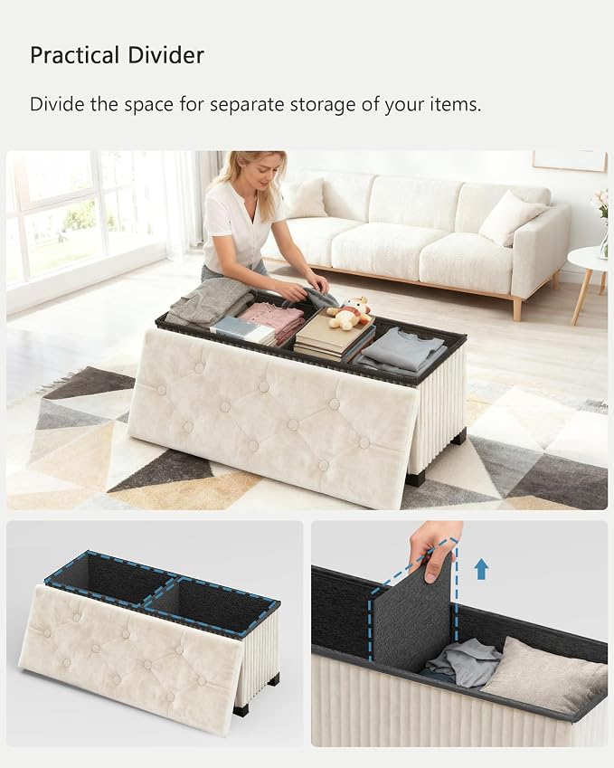 LITZFUR 43 Inches Storage Ottoman Bench, Velvet Foot Rest Stool, Beige | Folding Ottoman with Legs, End of Bed Bench, Storage Chest for Living Room, Bedroom