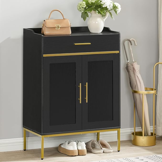 HOOBRO Shoe Cabinet with Doors and Drawer, Holds 12–18 Pairs, Large Capacity Shoe Storage Cabinet with Adjustable Shelves, Freestanding Wooden Shoe Organizer for Entryway, Black DB14SC01