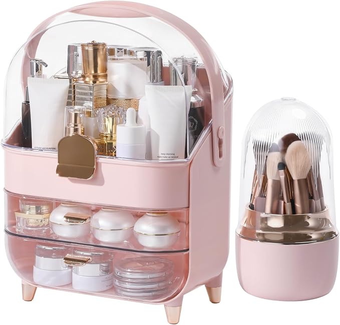 Makeup Organizer for Vanity with Brush Holder, Lid and 2 Drawers, Pink | Large Capacity Bathroom Counter Organizer for Skincare, Cosmetic Storage, Dustproof, Waterproof, Teen Girl Gifts