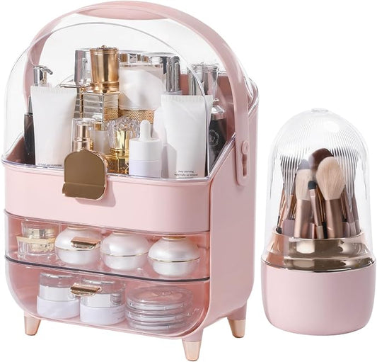 Makeup Organizer for Vanity with Brush Holder, Lid and 2 Drawers, Pink | Large Capacity Bathroom Counter Organizer for Skincare, Cosmetic Storage, Dustproof, Waterproof, Teen Girl Gifts