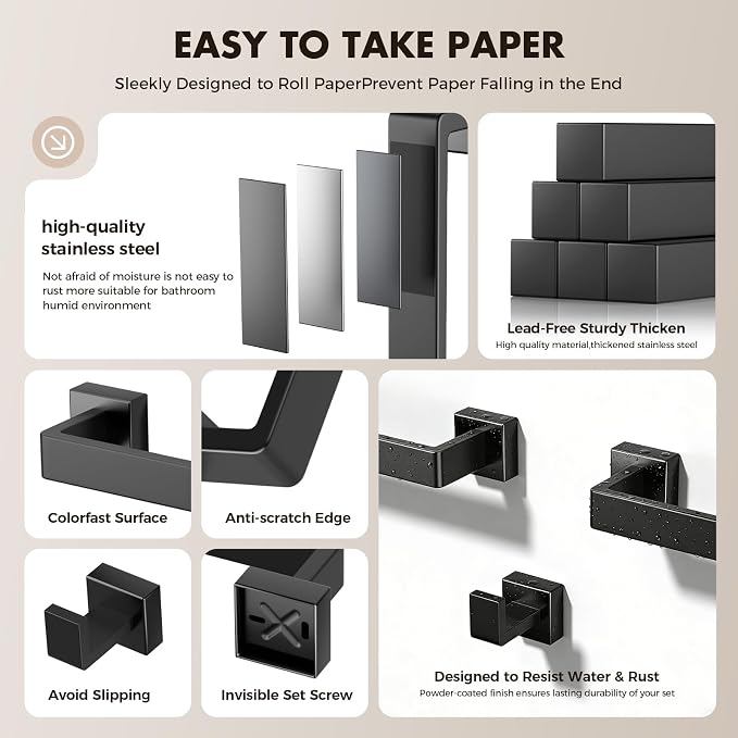 20-Pieces Matte Black Bathroom Accessories Set, 24 Inch Bath Towel Bar Set | Stainless Steel, Towel Ring, Toilet Paper Holder, Robe Hooks, Towel Racks for Bathroom Wall Mounted, Bathroom Hardware Set