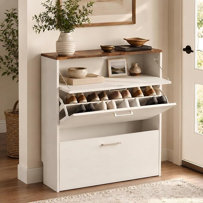 VINGLI Shoe Cabinet for Entryway, Farmhouse Slim Shoe Rack Storage with 3 Flip Drawers, Rustic Brown Top & Washed White Body, Narrow Hidden Shoe Organizer for Hallway, 9.5" Depth