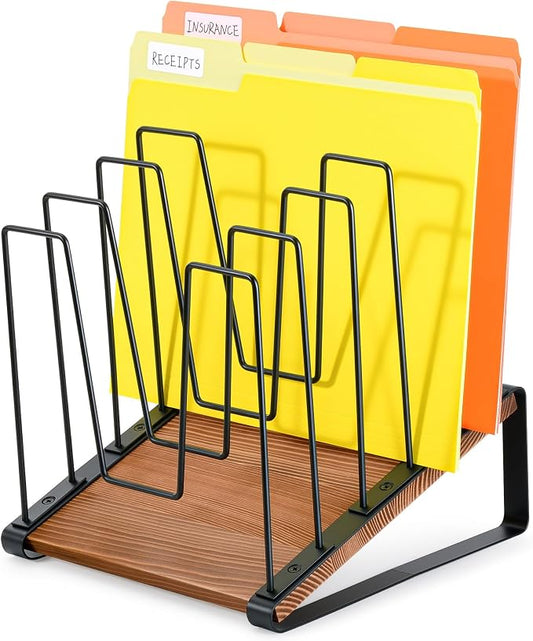 HULISEN Inclined Desk File Organizer, 5-Section Desktop File Folder Holder | Visible Tiered Design, Metal Rack with Wood Base, Vertical Storage for Binders Documents & Magazines, Classroom Office Use