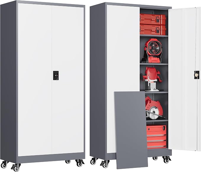 Garage Cabinet with Wheels and Adjustable Shelves, Metal Garage Storage Cabinets with 2 Doors, Storage Caninet with Lock, Large Tool Cabnet for Workshop/Home/Office-(Gray White 75”H)