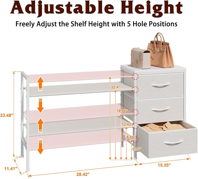 Hongtamoya Closet Organizers and Storage, Adjustable Shelves,3 Drawer White | Closet Organizer Drawer Dresser for Closet, Clothes Shelves with 5-Level Height Adjustment, Shoe Rack for Wardrobe(43.77 in)