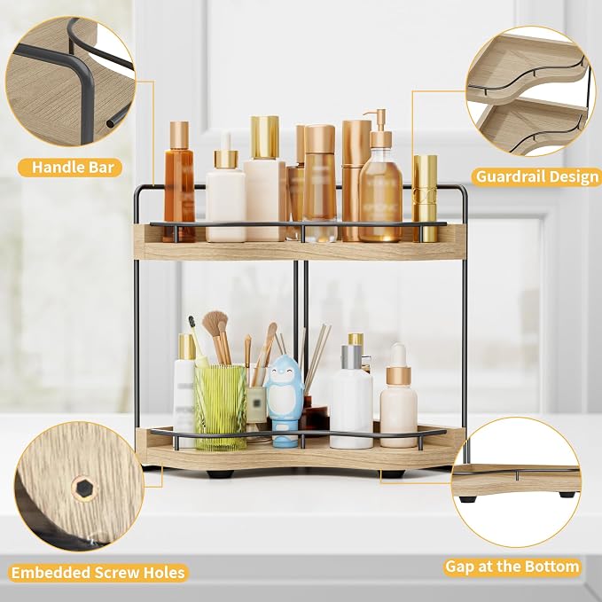 2-Tier Corner Bathroom Counter Organizer, Larger Size | Embedded Screw Holes, Sturdy & Stable, Oversized, Holds More, Vanity Shelf for Makeup & Skincare, ‎‎Light Walnut