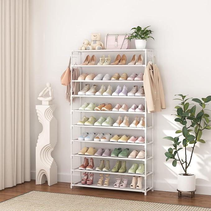 LANTEFUL 10 Tiers Shoe Rack 50 Pairs Large Capacity Tall Shoe Organizer Sturdy Shoe Storage with Two Hooks Space Saving Metal Wide Shoe Rack for Closet, Entryway, Bedroom, White