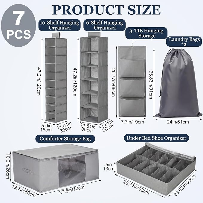 7 Pcs Dorm Storage Organizer Set College Dorm Room with Hanging Closet Organizer Under Bed Shoe Organizers Comforter Storages Bag Laundry Bags Non Woven Storage for Back to School