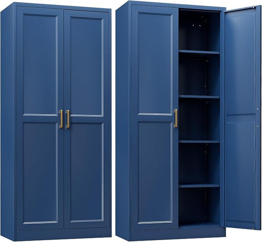 SteeLoong Kitchen Pantry Cabinet,71” Metal Pantry Storage Cabinets with Doors and 4 Adjustable Shelves,Blue Kitchen Cabinet with 2 Gold Handles,Tall Cabinet for Livingroom
