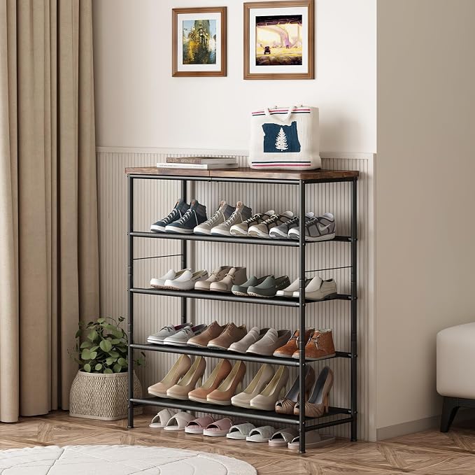 INGIORDAR 5 Tier Shoe Rack Storage Organizer Shelf Top with MDF Board | Space-Saving,with 3 Layer Fabric,stores 20+Pairs of Shoes for Closet,Entryway,Bedroom,Living Room Garage,Black+Rustic Brown
