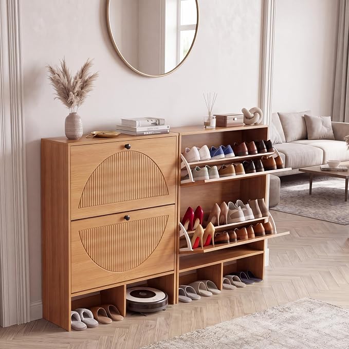 GRUSIGN Shoe Cabinet with 2 Flip Drawers, Narrow Shoe Cabinet Storage for Entryway, Freestanding Shoe Organizer with Adjustable Shelves & Anti-Tipping Device, Shoe Rack Cabinet for Hallway, Foyer