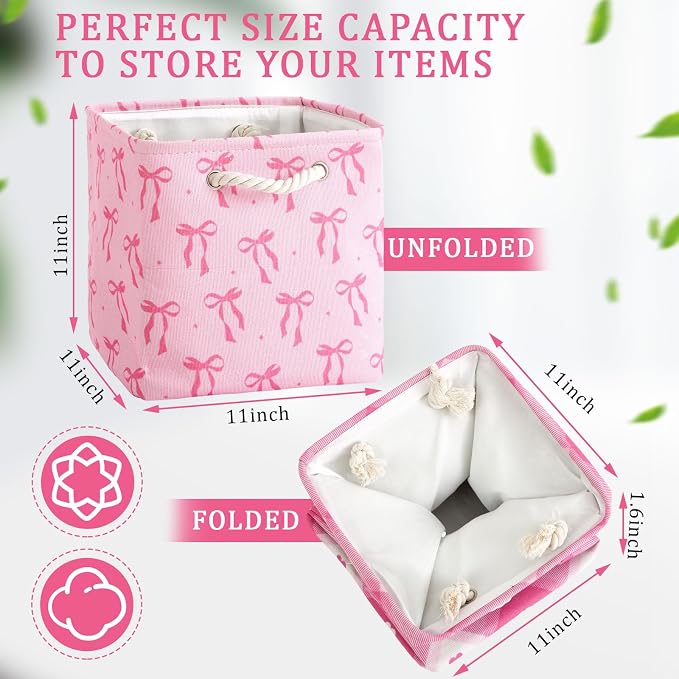 Geiserailie 6 Pcs 11 x 11 Inch Cube Storage Bins Fabric Storage Organizer Bins Foldable Cube Baskets with Sturdy Carry Handles Wicker Baskets for Home (Pink Bow)