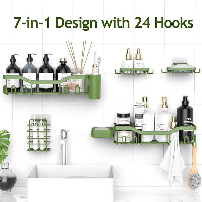 NESOMI Shower Caddy Adhesive Shower Organizer 7-Pack, Rustproof Stainless Steel Bathroom Shelves, Large Capacity No-Drill Rack Storage Accessories with Soap Dish Toothbrush Holder Hooks