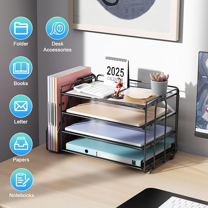 gianotter 4-Tier Paper Organizer With Magazine Holder, Desk Organizers and Accessories, Desk Accessories & Workspace Organizers, File Organizer for Office Supplies Storag (Black, 4-Tier)