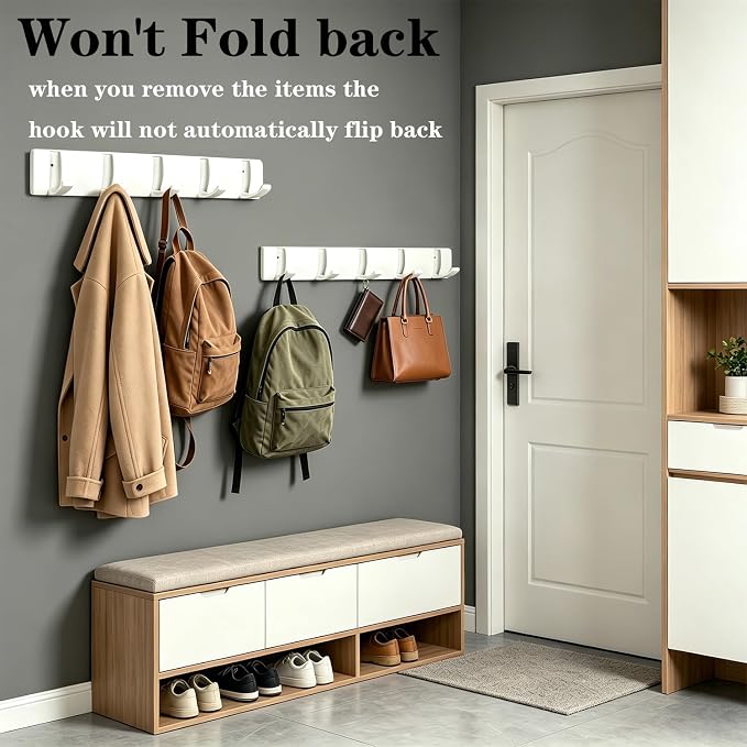 Folding Coat Hooks, Wall Mounted Coat Rack with 10 Retractable Hooks,Heavy Duty Towel Rack for Bathroom Wall Hook for Hanging Clothes Bathrobe, Stainless Steel Coat Hanger for Entryway(White)