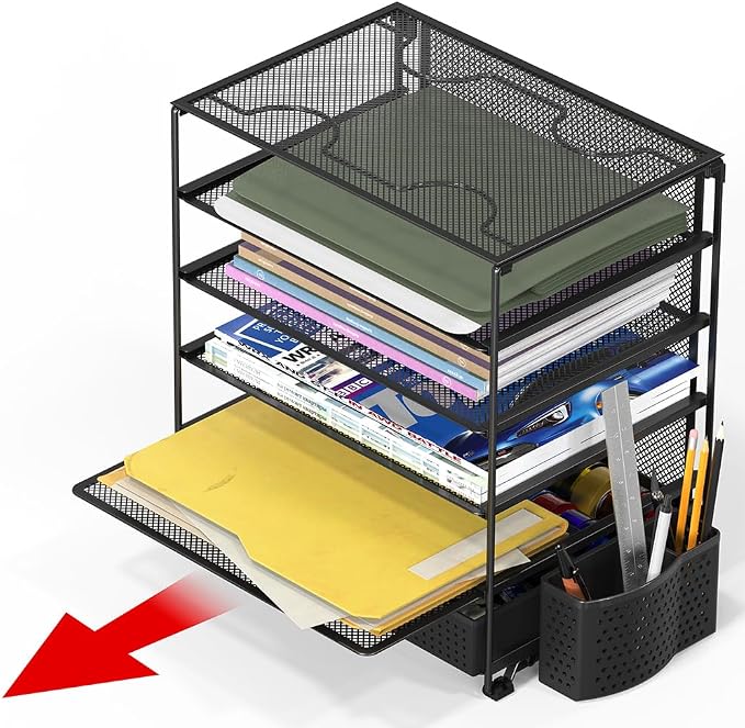 Simple Houseware 5-Tier Desk File Organizer w/Drawer & Pen Holder, Black | Desktop Tray Organizer for A4 Paper, Mail and Documents