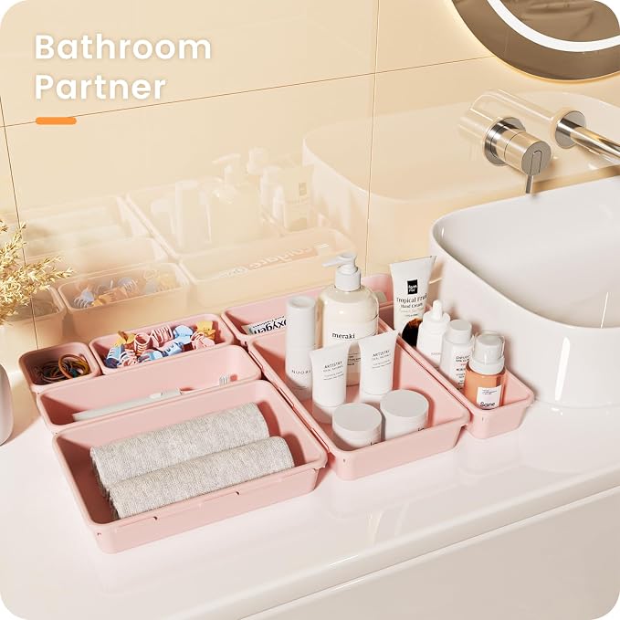 【Military Grade】A-LuGei Drawer Organizer,【𝟱𝗦𝗶𝘇𝗲】Makeup organizer,【Holds 177 Items】Bathroom Organizers and Storage,Organization and Storage,Desk Drawer Organizer for Vanity【Pink】