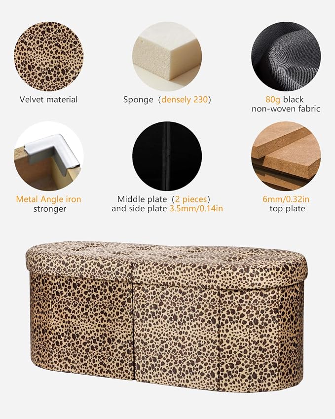 AmasSmile Oval Ottoman Storage Bench, 34" Leather Folding Stool, Leopard | Large Ottoman with Storage, Thicker Foam Padded Seat, Livingroom, Dorm, Bedroom, Entryway, Easy to install, 34 x 13 x 13in