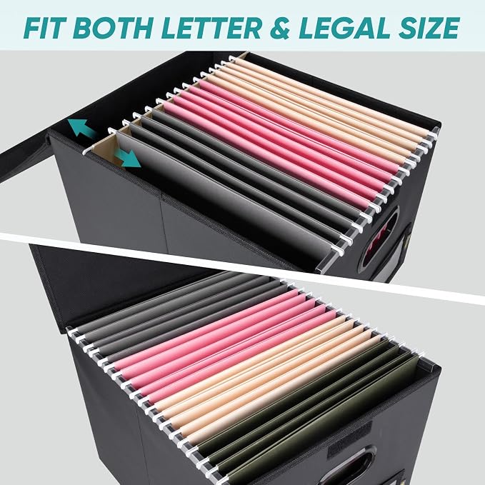 BALEINE File Organizer Box with Lid, Collapsible File Folder Organizer with Plastic Slide, Hanging File Folder Box for Office Document Storage (1 Pack, PU, Black)