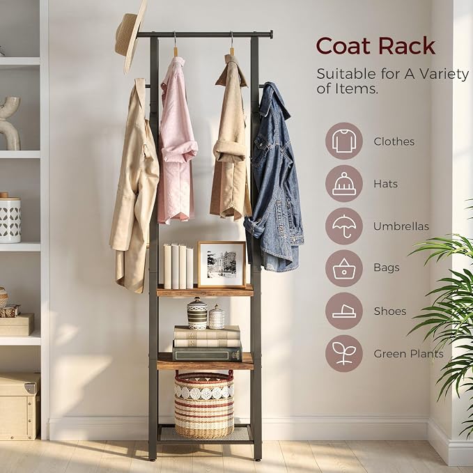 MAHANCRIS Coat Rack Freestanding, Hall Tree with 3-Shelves and 8 Hooks, Industrial Clothes Rack Stand Organizer for Entryway, Bedroom, Bags, Hats, Scarves, Rustic Brown and Black CRHR14901