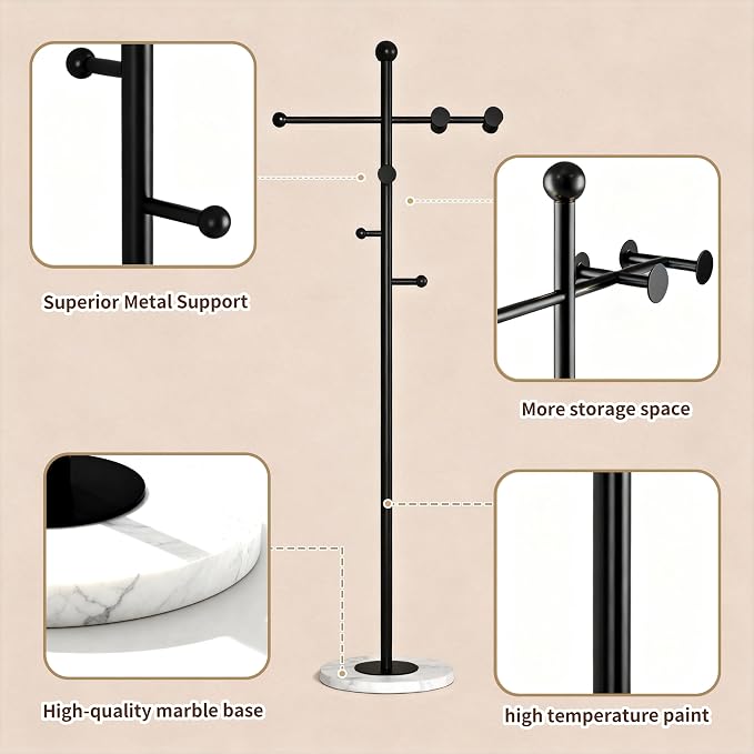 68.9 Inch Tall Modern Coat Rack,Black Coat Tree Freestanding,Heavy-Duty Metal Coat Rack Freestanding with Sturdy Marble Base for Entryway,Hallway,Bedroom,Holds Coats Hats Bags Scarves