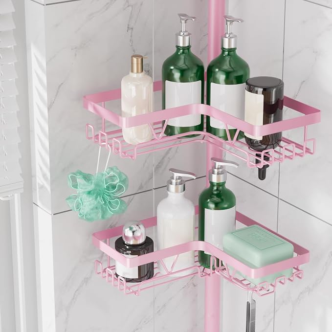 DAOYA Corner Shower Caddy Tension Pole - Corner Shower Organizer Pink Cute | Bathroom Shower Shelf for Shampoo, 25–114 Inch Shower Rack for Renter/Apartment, 4 Tier, Sturdy, Large Capacity, Save Space