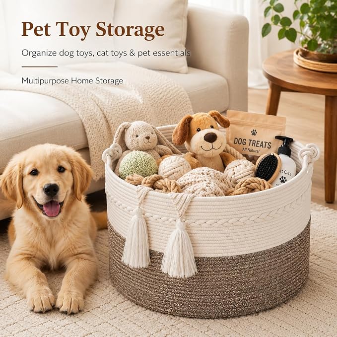 KAKAMAY Large Blanket Basket (20"x13"),Woven Baskets for storage Baby Laundry Hamper, Cotton Rope Blanket Basket for Living Room, Laundry, Nursery, Pillows, Baby Toy chest (White/Beige) | Extra Large Capacity | Natural Cotton Rope | Blanket Storage | W...