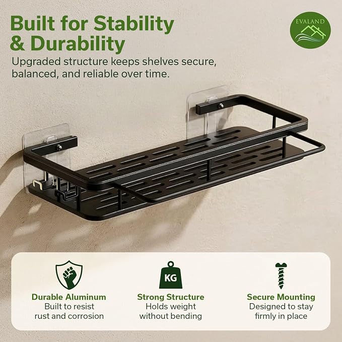 EVALAND Self Adhesive Shower Caddy Organizer 2-Pack No-Drill Storage | Hooks and Rod for Towels, Shower Shelves for Inside Shower, Bathtub Shelf, Rustproof, Rack, Easy Installation, Sturdy
