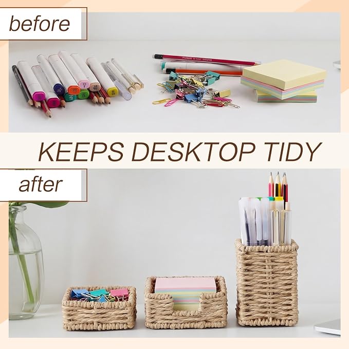 Khaki Paper Rope Woven Desk Organizer Set of 3 Natural Desktop Accessories Pencil Pen Cup Paper Clip Storage and Sticky Note Holder for Women Men Farmhouse Office Home Desktop Table Decor