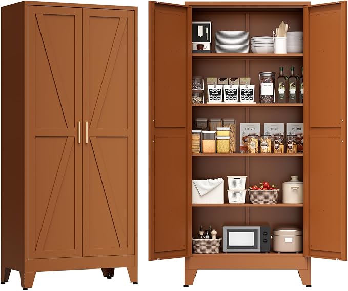 COFaR 5 Tier Metal Kitchen Storage Cabinets, 71" Pantry Cabinet with Doors and 4 Adjustable Shelves, Farmhouse Tall Cabinet for Pantry, Laundry Room,Living Room,Dinning Room (Antique Copper)