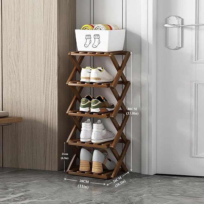 5 Tier Foldable Shoe Rack, Bamboo Vertical Shoe Organizer Tall for Multifunctional Narrow Shoe Shelf for Entryway, Closet, Corner, Bedroom, Hallway(Brown)