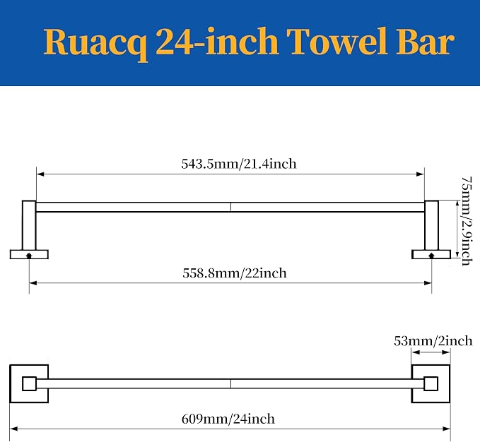 RUACQ Towel Bar 22" Towel Racks for Bathroom Wall Mounted, Brushed Nickel | Total Length 24 Inch Single Towel Rod, Bath Towel Holder, 304 Stainless Steel, Rustproof, Square Base, Heavy Duty, Modern