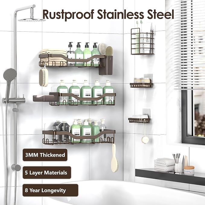 NESOMI Shower Caddy Adhesive Shower Organizer 8-Pack, Rustproof Stainless Steel Bathroom Shelves, Large Capacity No-Drill Rack Storage Accessories with Soap Dish Toothbrush Holder Hooks