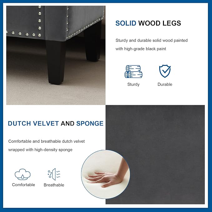 Storage Ottoman Bench, Velvet Upholstered Footstool for Bedroom and Living Room, Frosted Flannel Seat with Storage, Wooden Legs & Metal Rivets, Dark Grey