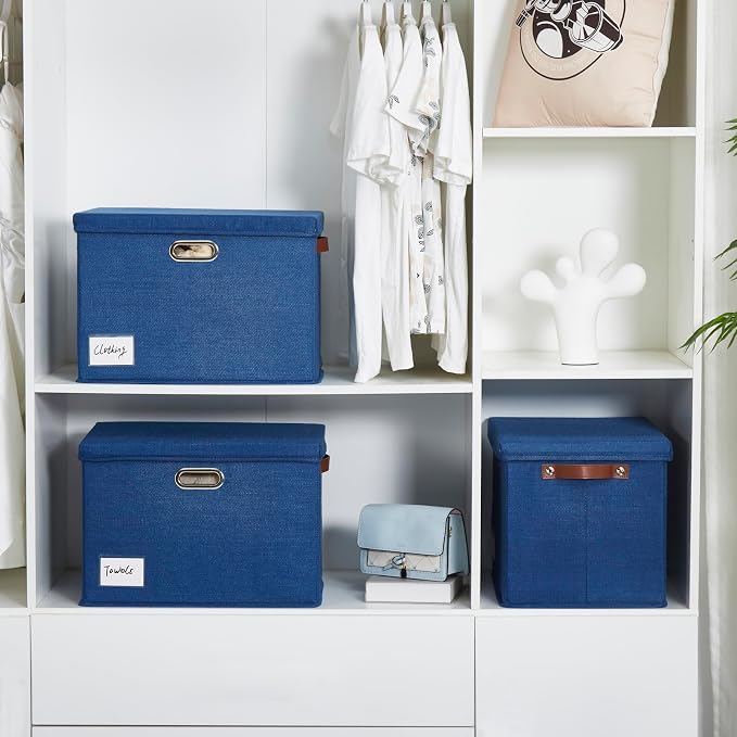 15" Large Collapsible Storage Bins with Lids, Stackable Closet Organizers with PU Handle and Labels, 3-Pack Decorative Fabric Storage Boxes for Home, Bedroom, Closet, Office, Nursery(Navy)