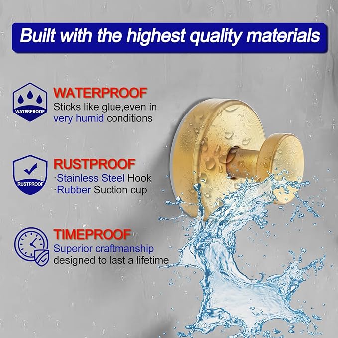 Bntuk Suction Cup Hooks for Shower, Towel Hooks for Bathroom Window Glass, Bath Robe Looafh Hook for Hanging - 2 Pack, Gold