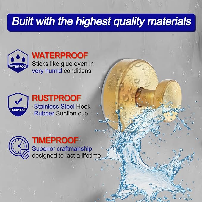 Bntuk Suction Cup Hooks for Shower, Removable Towel Hooks for Bathroom Window Glass Door Wall, Bath Robe Looafh Hook for Hanging - 4 Pack, Gold
