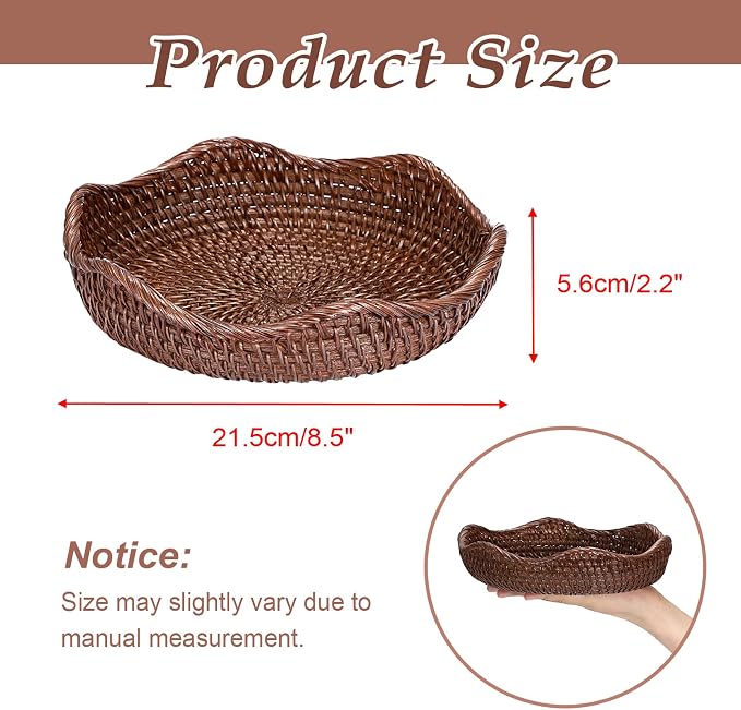 Hipiwe Decorative Key Bowl 8.5" Round Basket Bowl Handwoven Rattan Basket | Wicker Storage Basket Decorative Basket for Entryway Coffee Table Livingroom Fruit Bread Serving Tray, Brown