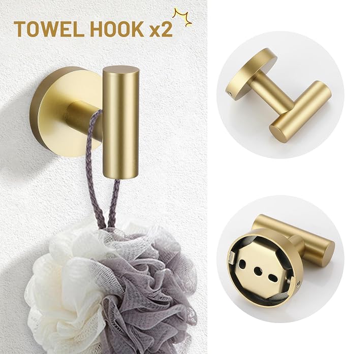 TURS Brushed Gold 5 Piece Bathroom Hardware Set, SUS304 Stainless Steel Bath Towel Bar Set, 23.6 Inch Round Bathroom Accessories Kit Wall Mounted