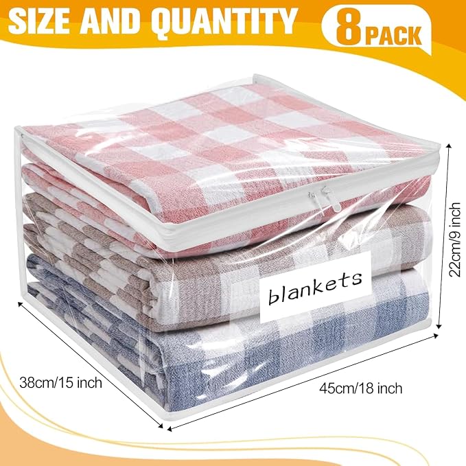 Kikerike Plastic Storage Bags with Easy-Glide Zipper, Pack of 8, Durable Clear Vinyl Zippered Storage Bags for Clothes Sweaters Comforters Blankets Sheets Bedding (18 x 15 x 9 Inch, White)