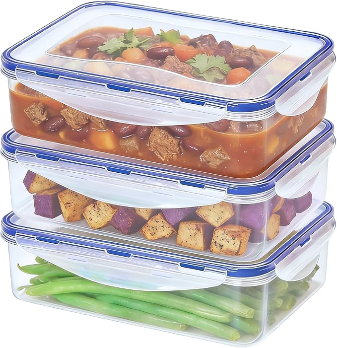 KIGI Plastic Food Storage Containers, Set of 3 (6.8 Cup) | 4-Sided Locking Airtight Lids, Leakproof & Stackable, Ideal for Meal Prep, Lunch & Leftovers, Microwave Safe, BPA-Free