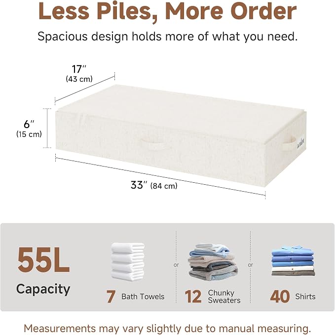 StorageWorks Underbed Storage Containers with Lids, 2-Pack 6" Low Profile Under Bed Organizers for Clothes, Bedding and Sweaters, 53L Large Fabric Storage Bins, Foldable Space Saving, Light Beige