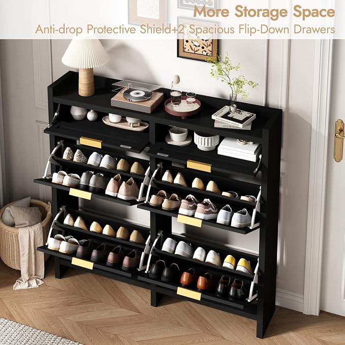 HOKYHOKY Large Rattan Shoe Storage Cabinet with 4 Flip Drawers & 2 Storages | Hidden Slim Shoe Organizer, Farmhouse Boho Narrow Shoe Rack, Large Tabletop Space, Entryway, Rustic Black