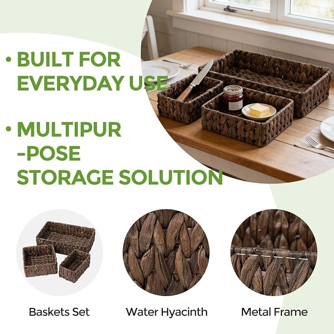 Wicker Storage Baskets Set of 3, Large and Small Pantry Baskets Set, Brown | Handwoven Water Hyacinth Baskets for Organizing, Decorative Natural Woven Baskets 3Pack for Toilet Shelves, Boho Decor
