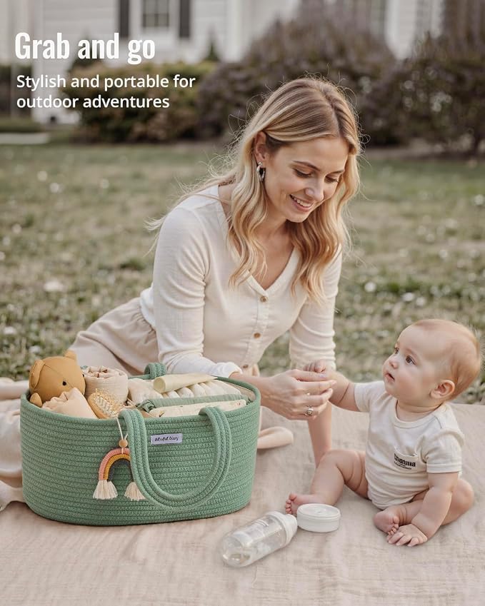 Blissful Diary Baby Diaper Caddy Organizer, Cotton Rope Diaper Caddy Basket, Oval Storage Basket, Gift for Baby Shower, Newborn Essentials, Green
